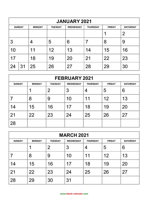 3 Month Calendar 2021 Printable